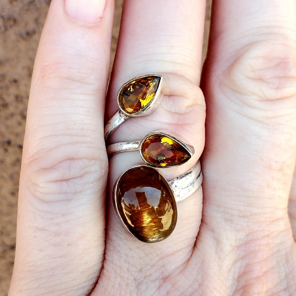New Silver Sheen Obsidian & Citrine Open Cuff 925 Silver Ring. - Picture 11 of 16